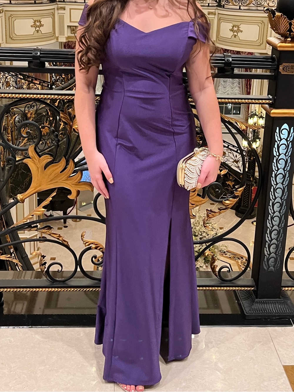 Morgan & Co. Deep Purple Off-Shoulder Maxi Gown